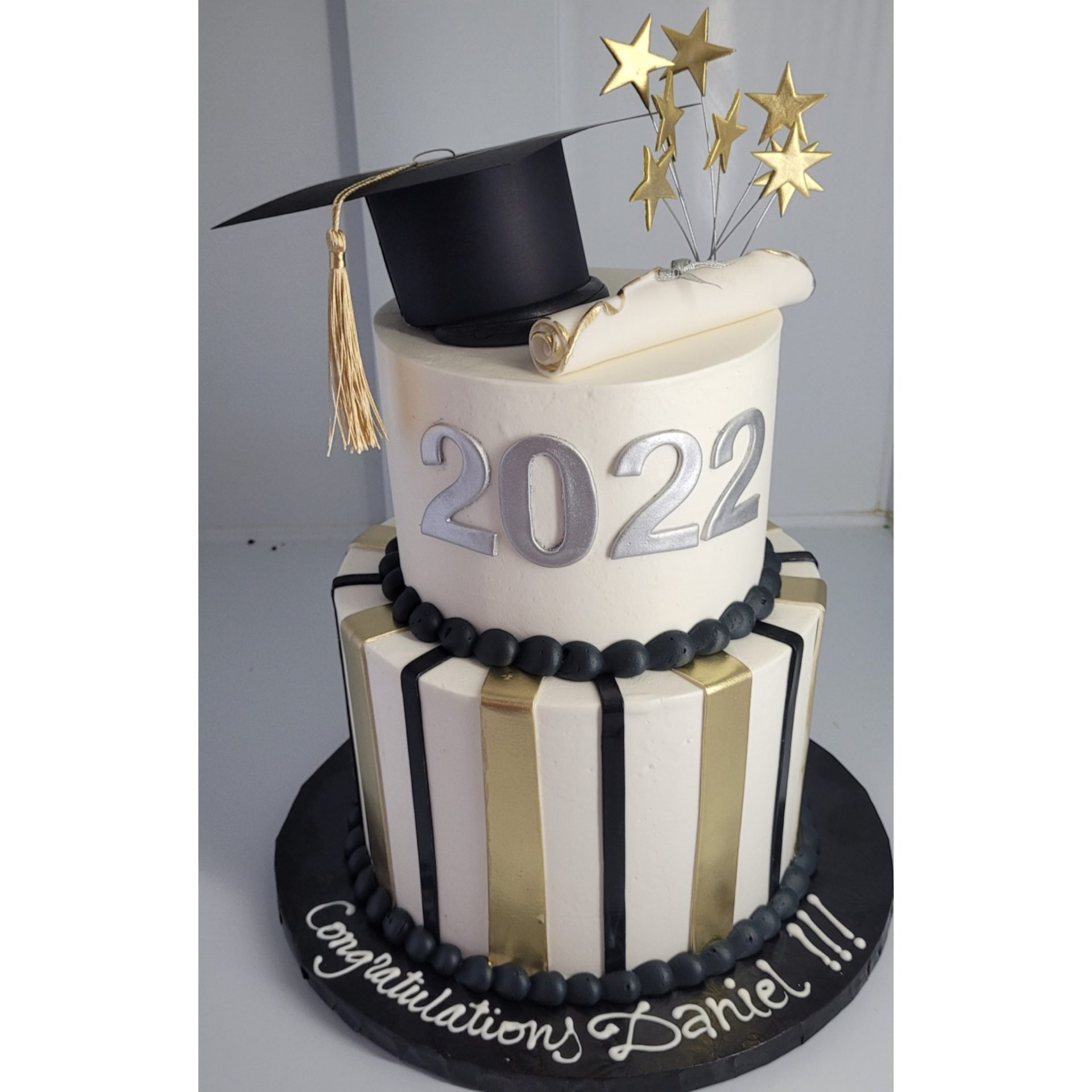 Graduation cake - gold, black and white